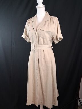 M Midi Linen Safari dress Fit & Flare beige Belted Short Sleeves Casual Summer